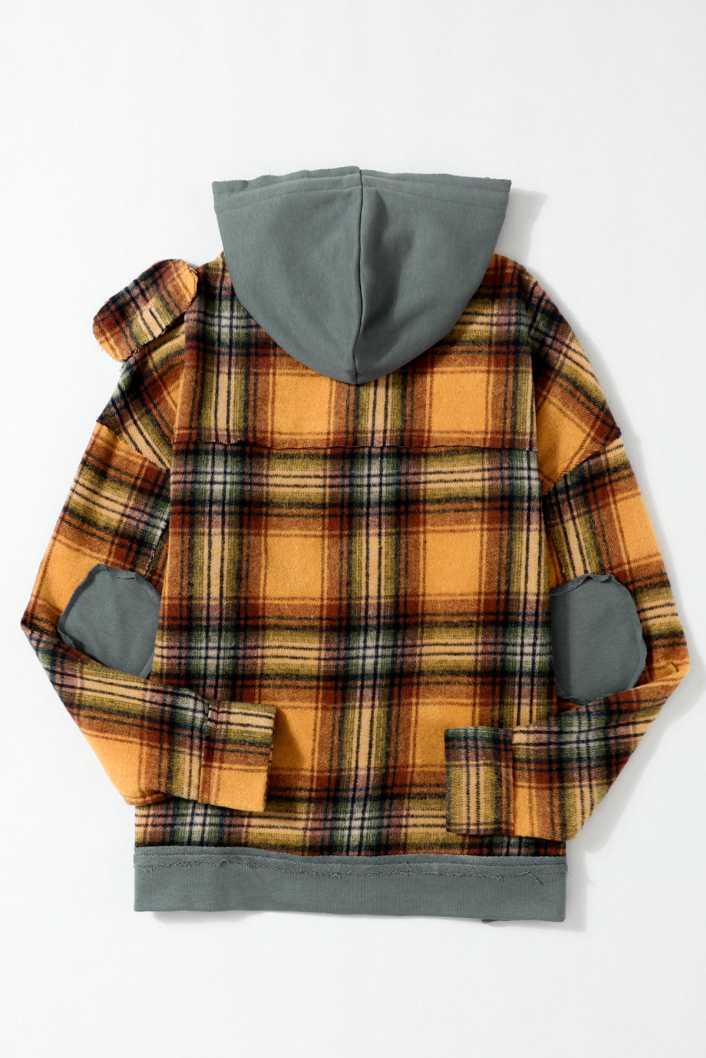 Orange Plaid Patch Hooded Frayed Snap Button Jacket