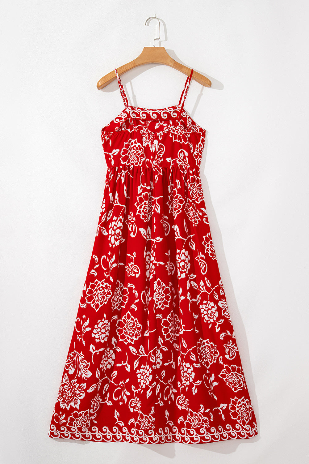 Red Floral Printed Spaghetti Strap Empire Waist Maxi Dress