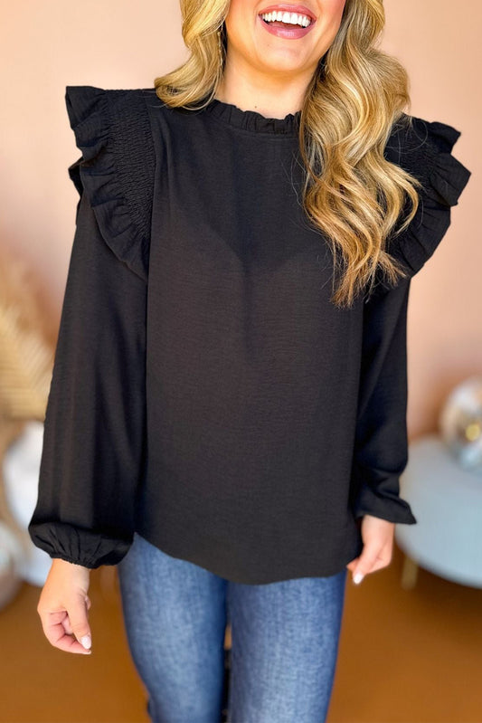 Black Frilled Neck Ruffled Trim Bubble Sleeve Blouse