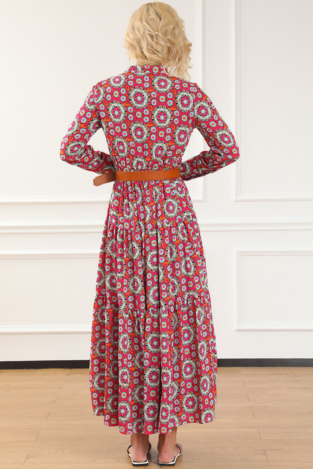 Floral Print Long Sleeve Shirt Bodice Flared Maxi Dress