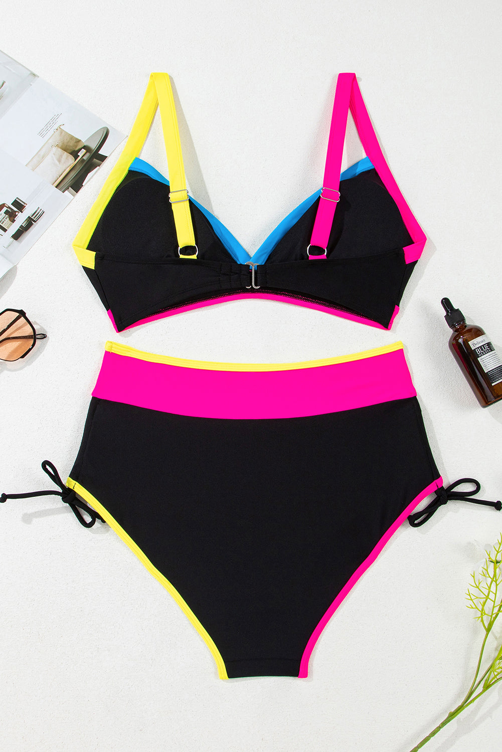 Black Color Block Drawstring Side V Neck High Waist Bikini Set