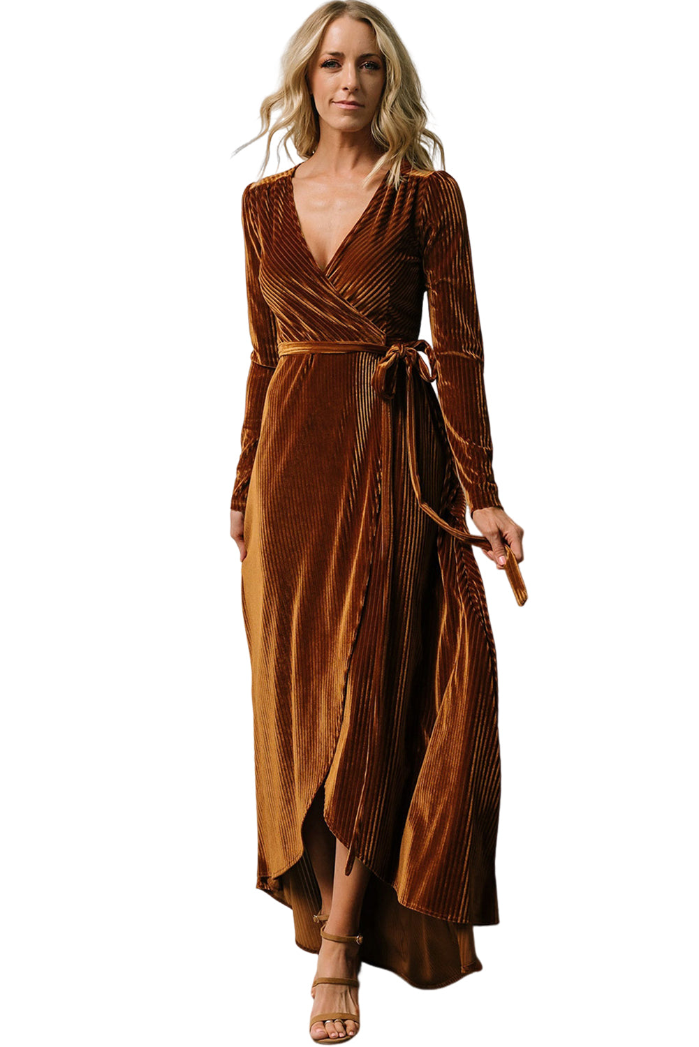 Chestnut Ribbed Velvet Wrap Long Sleeve Maxi Dress