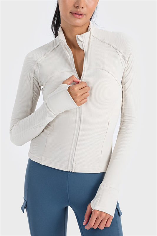 White Ribbed Stitching Thumbhole Sleeve Zip Up Active Top