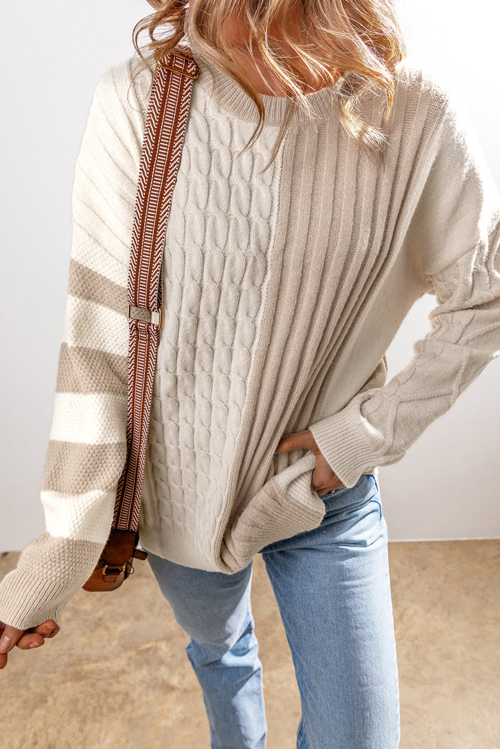 Khaki Cable Knit Colorblock Crew Neck Drop Shoulder Sweater