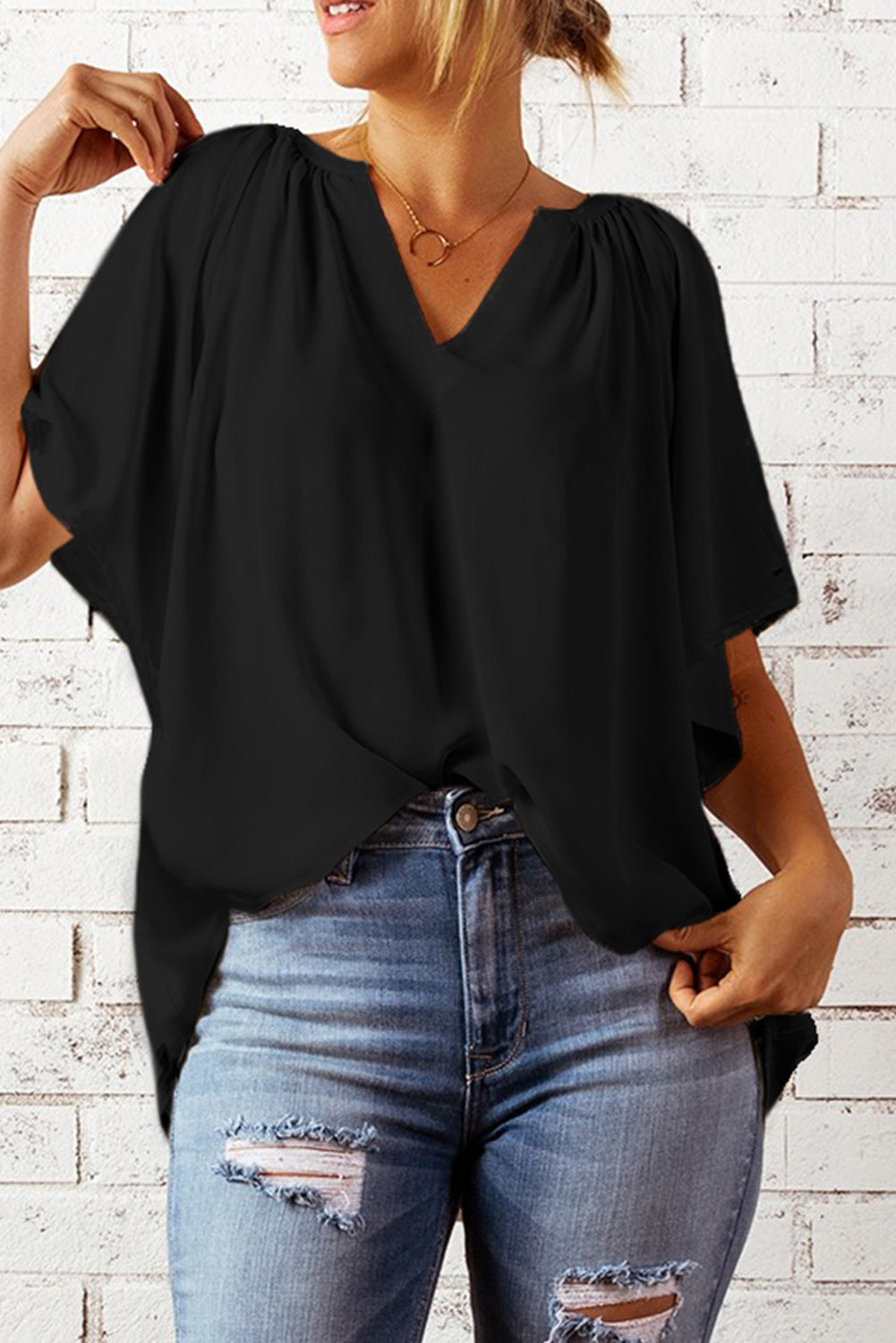 Black Split Neck Pleated Loose Top