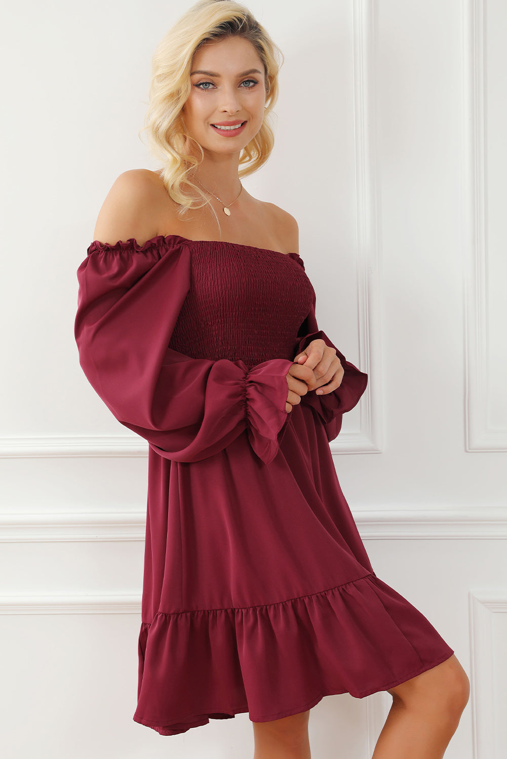 Burgundy Smocked Puff Sleeve Ruffle Mini Dress