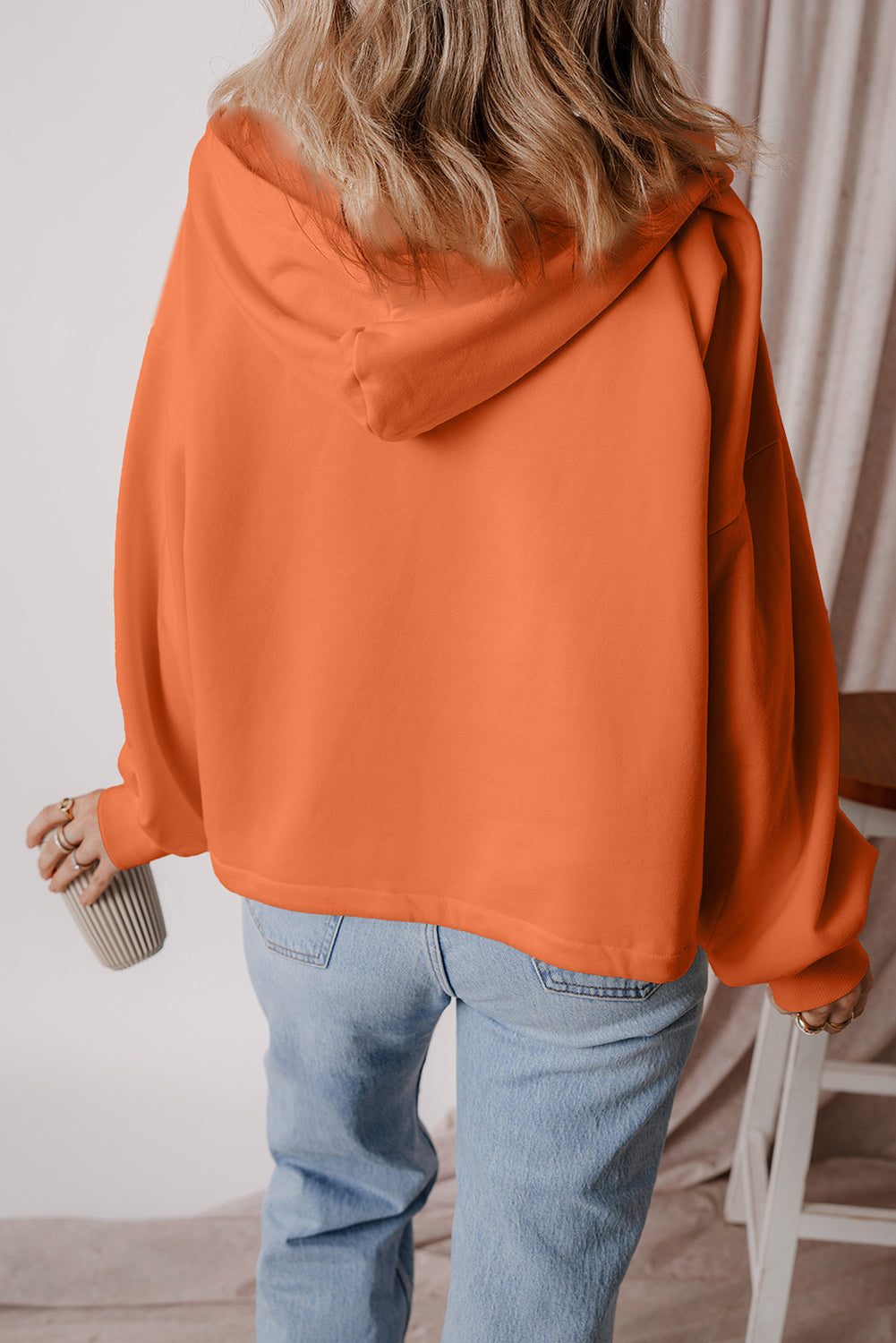 Orange Fleece Lined Half Zipper Kangaroo Pockets Loose Hoodie