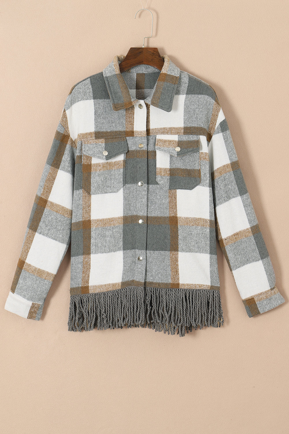 Medium Grey Plaid Snap Button Pocket Fringed Hem Jacket