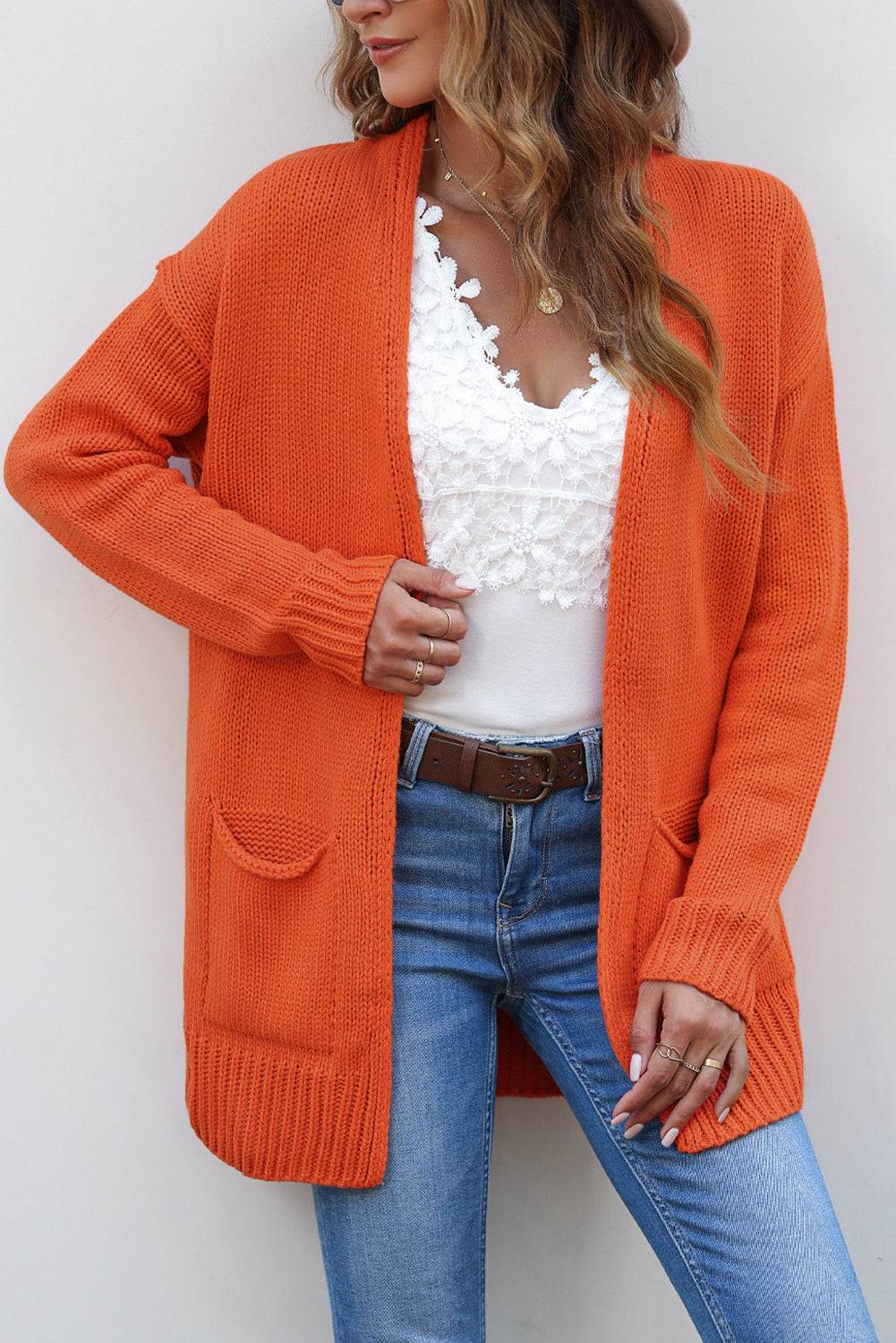 Orange Plain Dual Pockets Open Front Cardigan