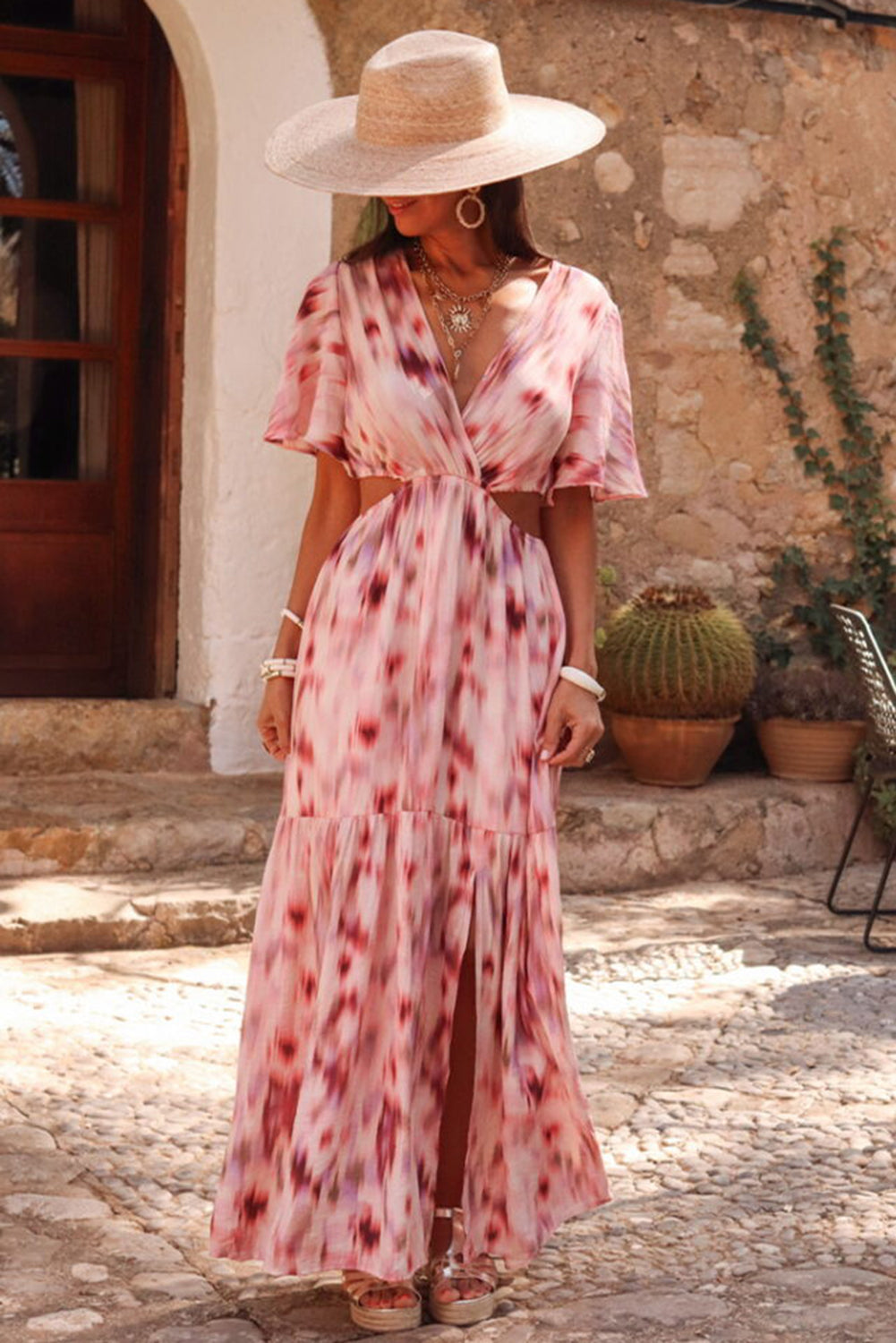 Pink Abstract Printed Flutter Sleeve Daring Cutout Long Dress