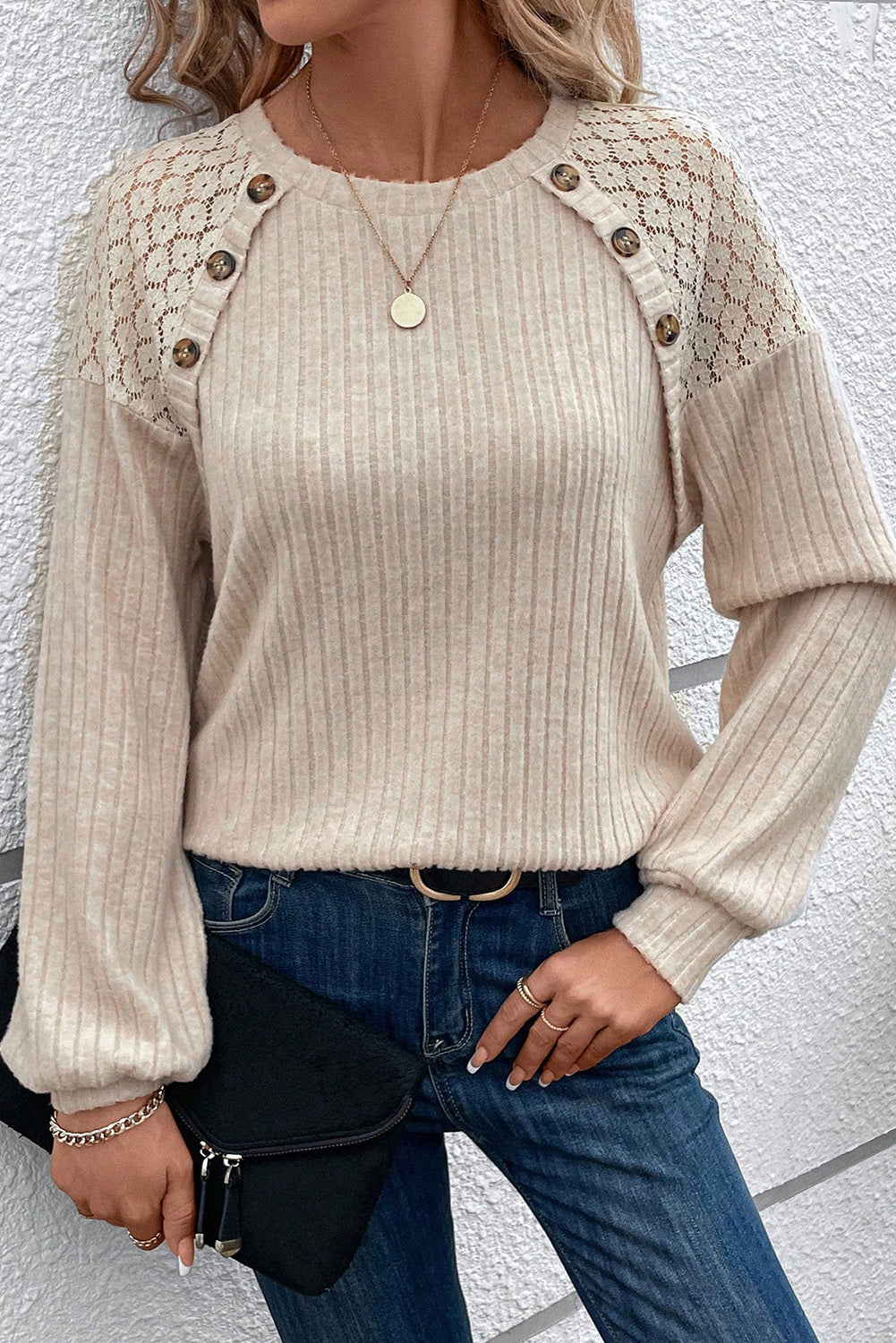 Parchment Contrast Lace Raglan Sleeve Buttoned Ribbed Top