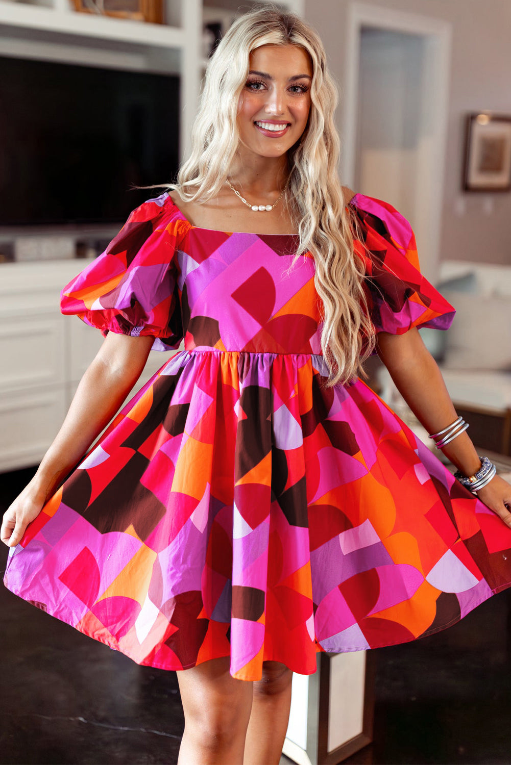 Red Abstract Print Square Neck Puff Sleeve Dress