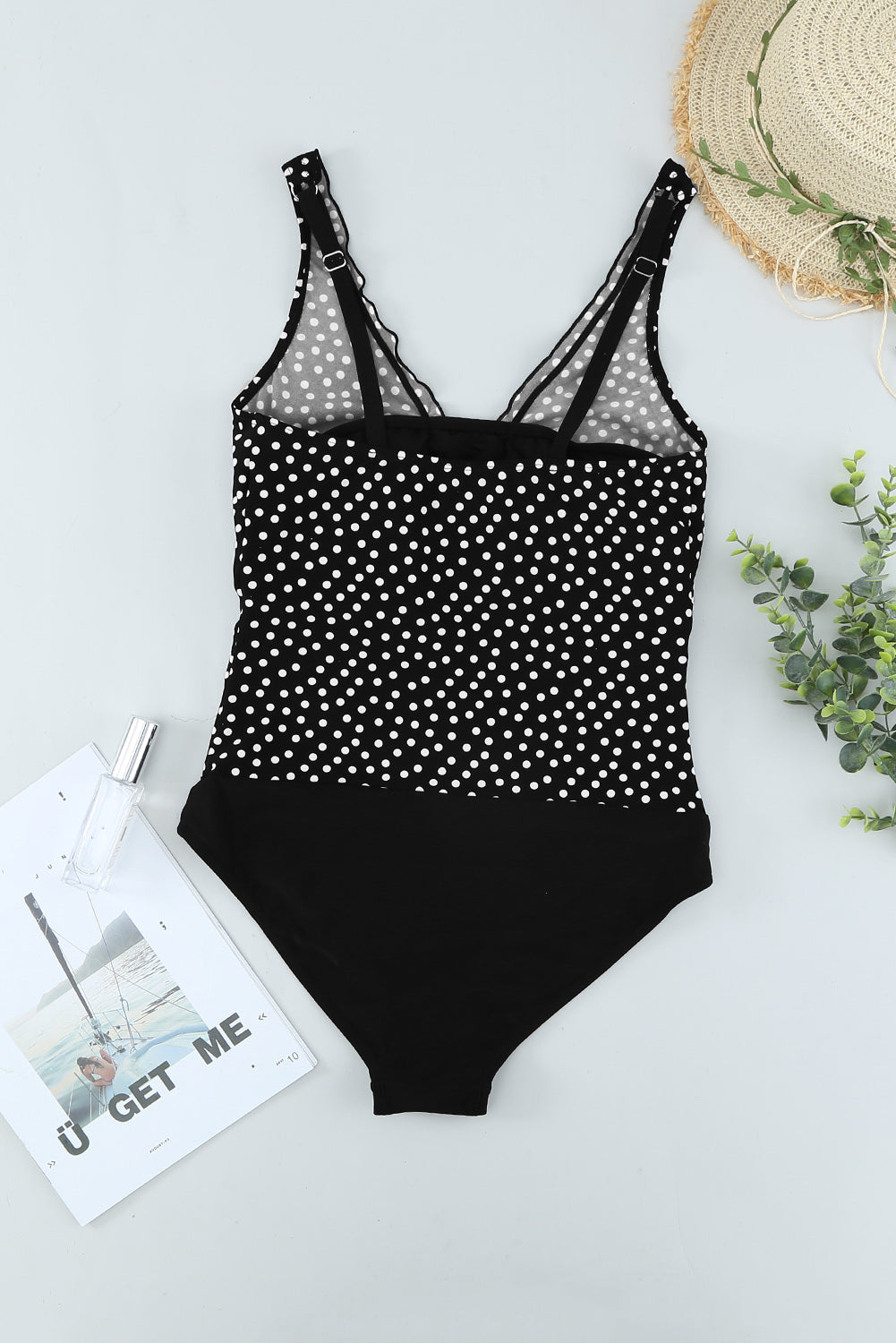 Black Dotted Print Ruffles One-piece Swimsuit