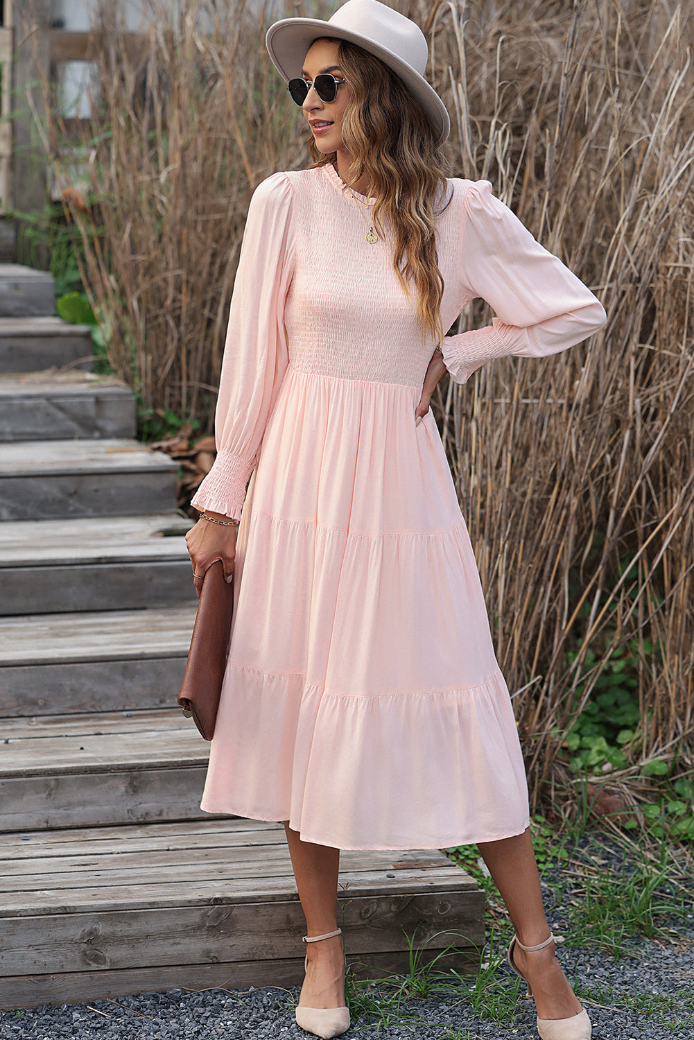 Smocked Bubble Sleeve Ruffle Tiered Midi Dress