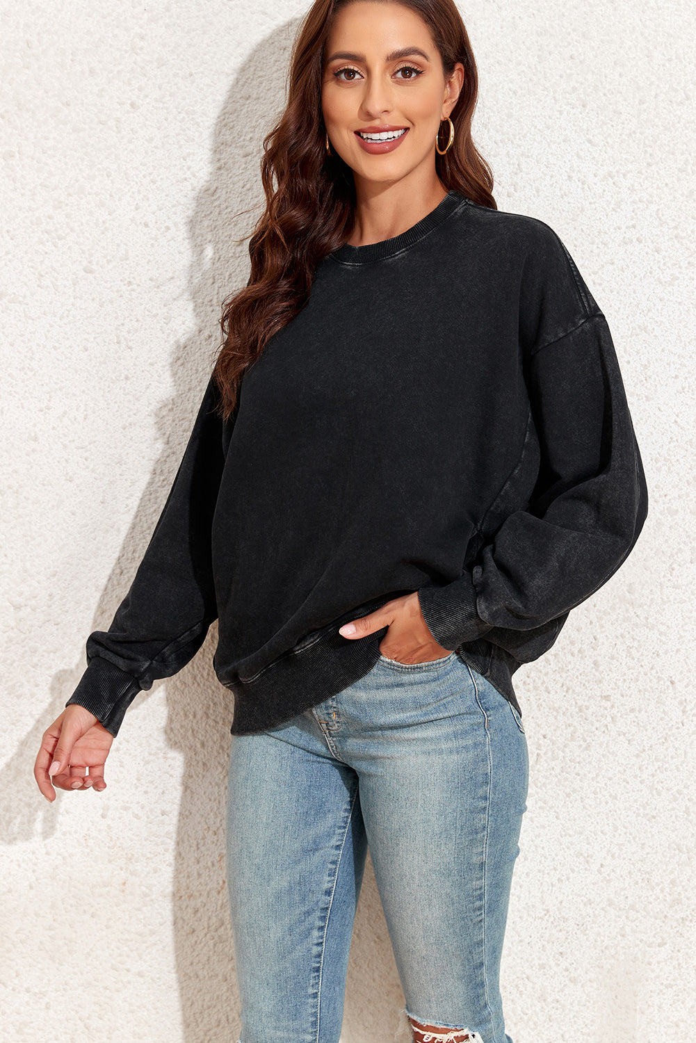 Black Vintage Wash Pocketed Round Neck Sweatshirt