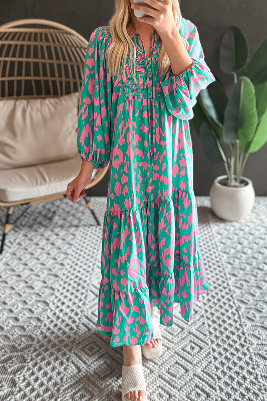 Green Abstract Print Puff Sleeve Tied Notched Neck Long Dress