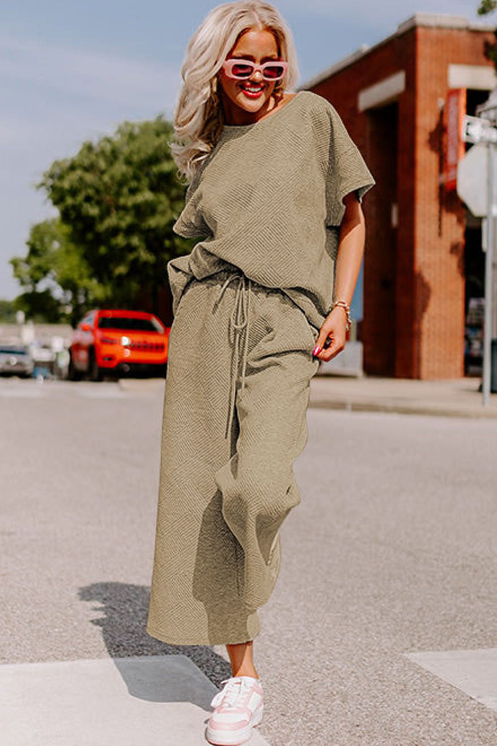 Pale Khaki Textured Loose Fit T Shirt and Drawstring Pants Set