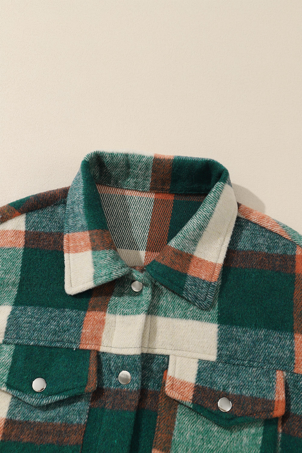 Sea Green Plaid Snap Button Pocket Fringed Hem Jacket