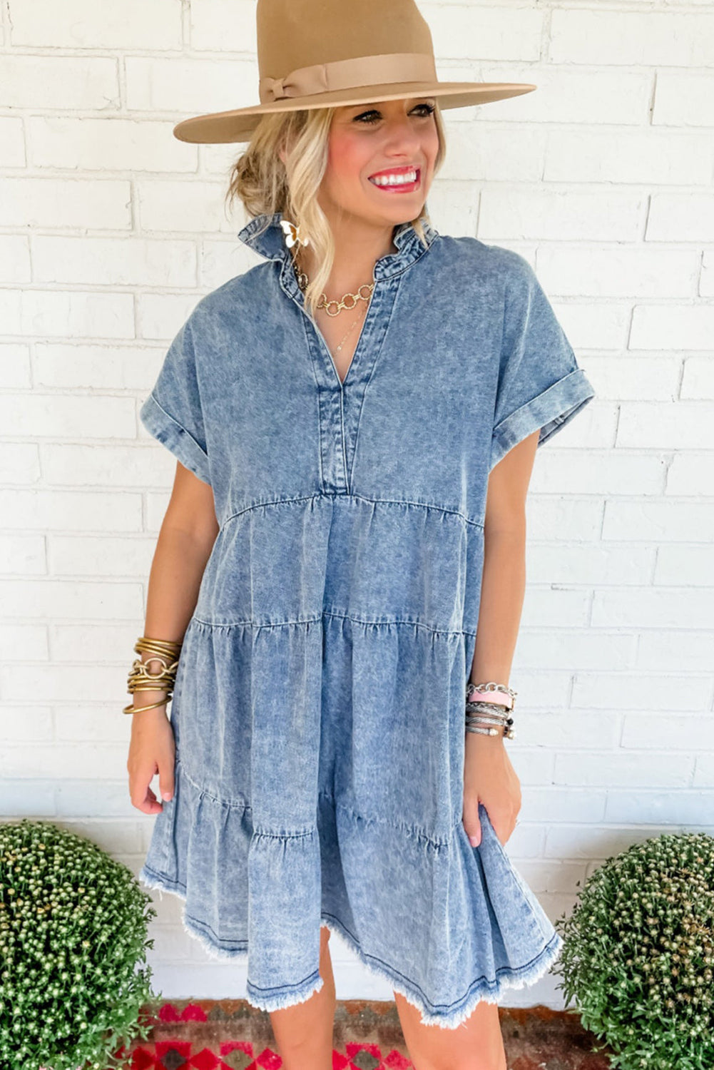 Sky Blue Acid Wash V Neck Tiered Denim Dress