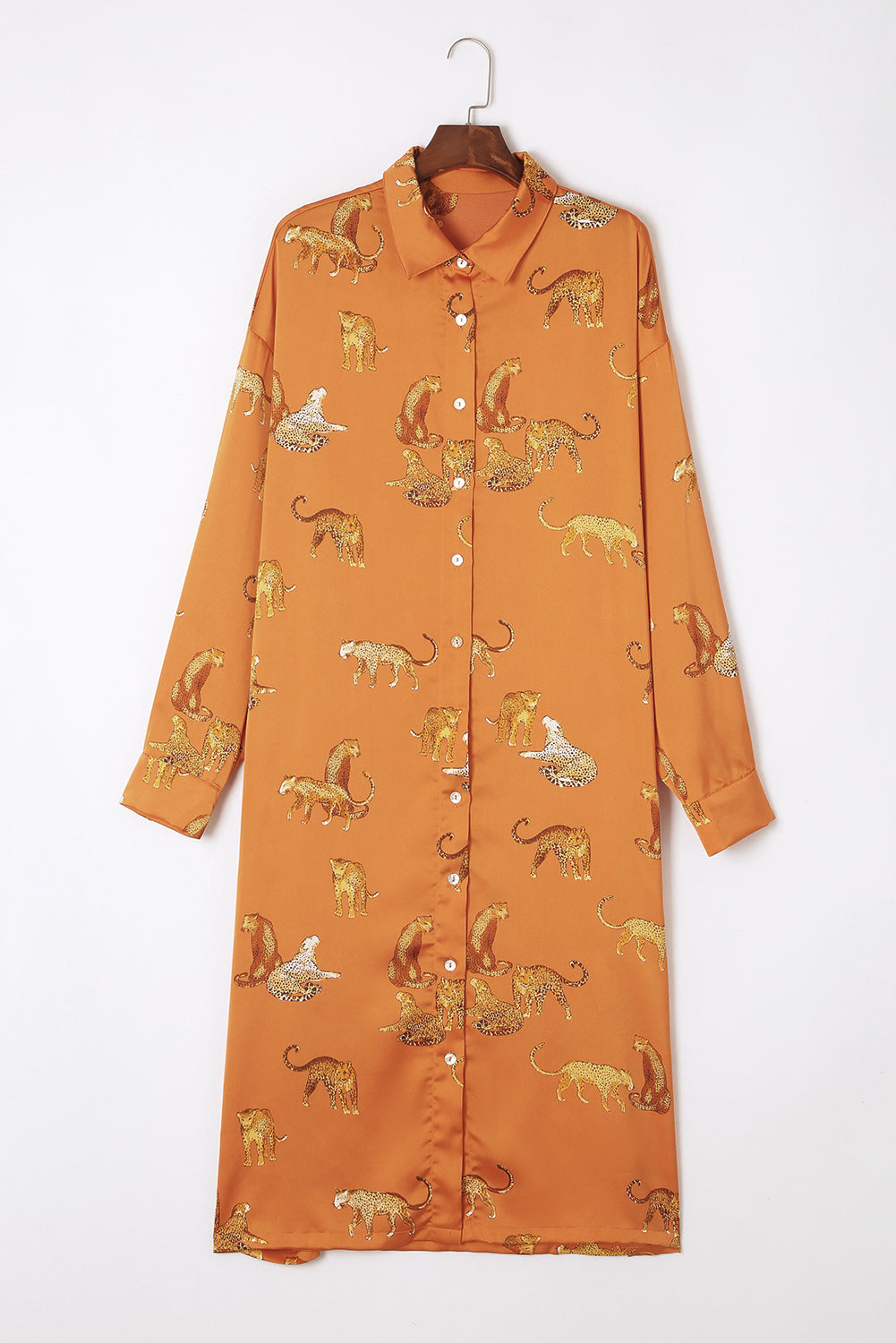 Mustard Cheetah Print Button-Up Split Shirt Dress