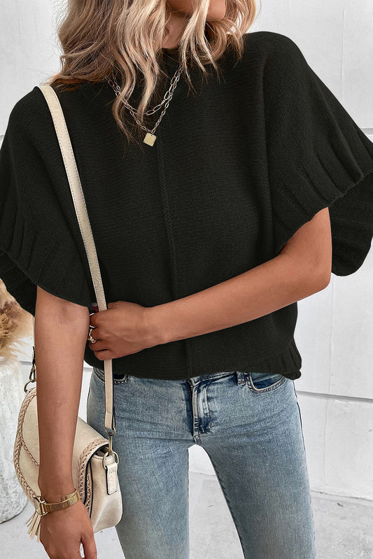 Black Mock Neck Batwing Short Sleeve Knit Sweater