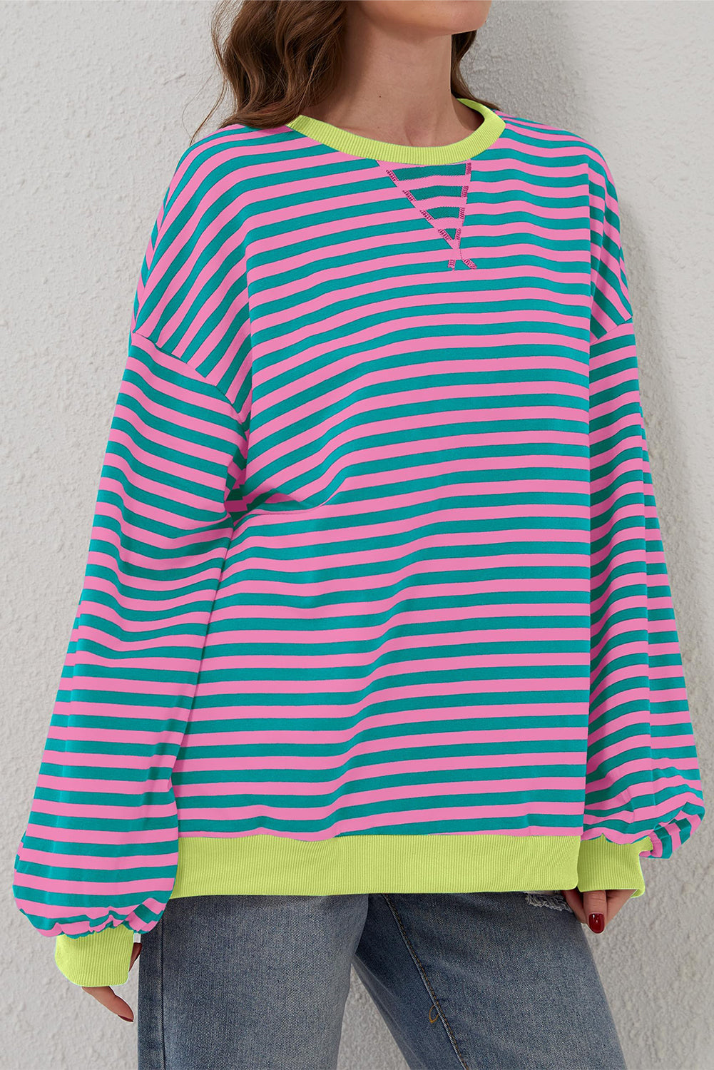 Green Stripe Oversized Contrast Trim Pullover Sweatshirt