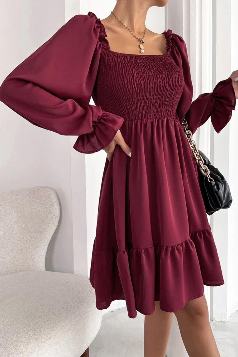 Burgundy Smocked Puff Sleeve Ruffle Mini Dress