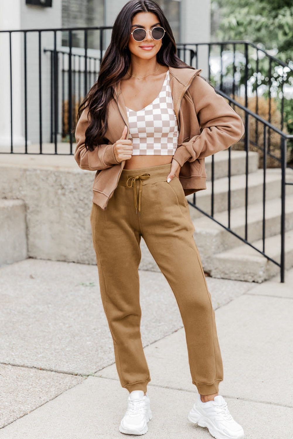 Light French Beige Casual Drawstring Pocketed Sweatpants