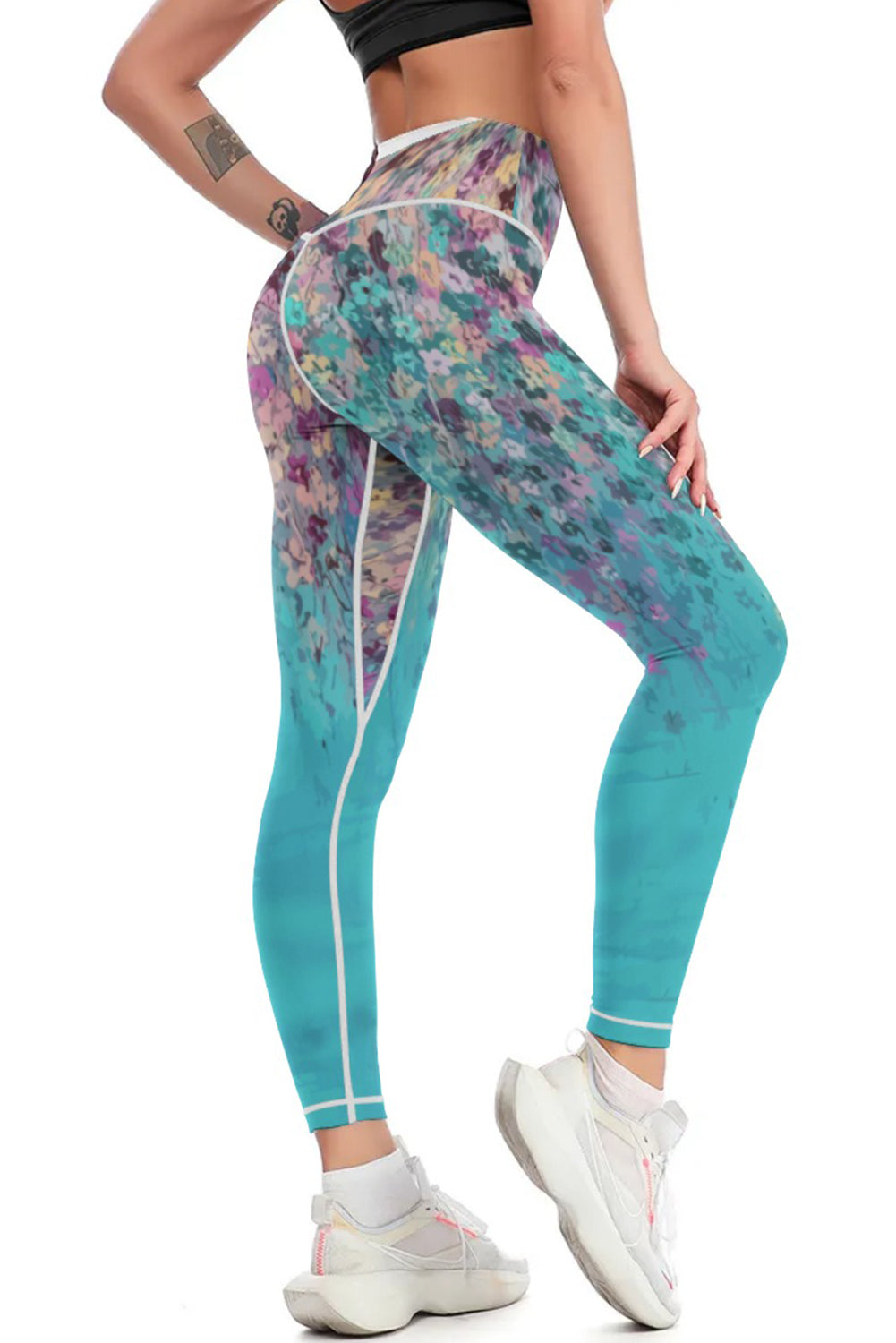 Sky Blue Contrast Trim Abstract Floral Yoga Pants