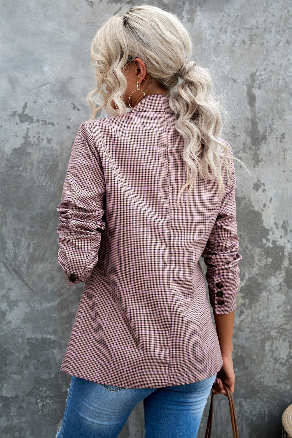 Plaid Print Lapel Collar Buttoned Blazer