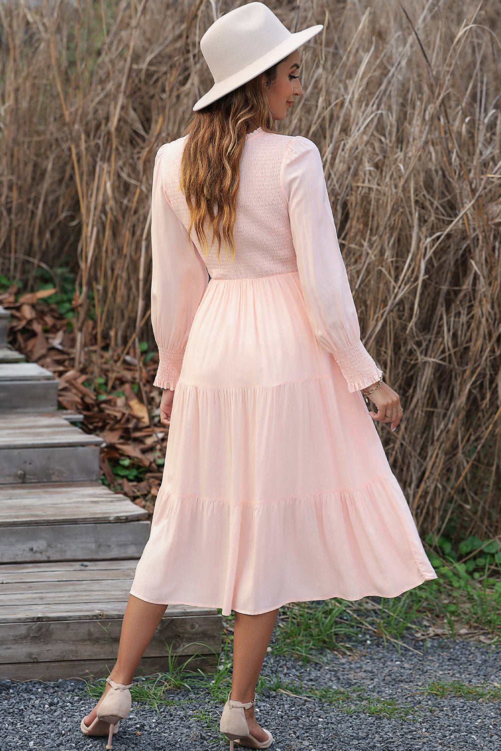 Smocked Bubble Sleeve Ruffle Tiered Midi Dress