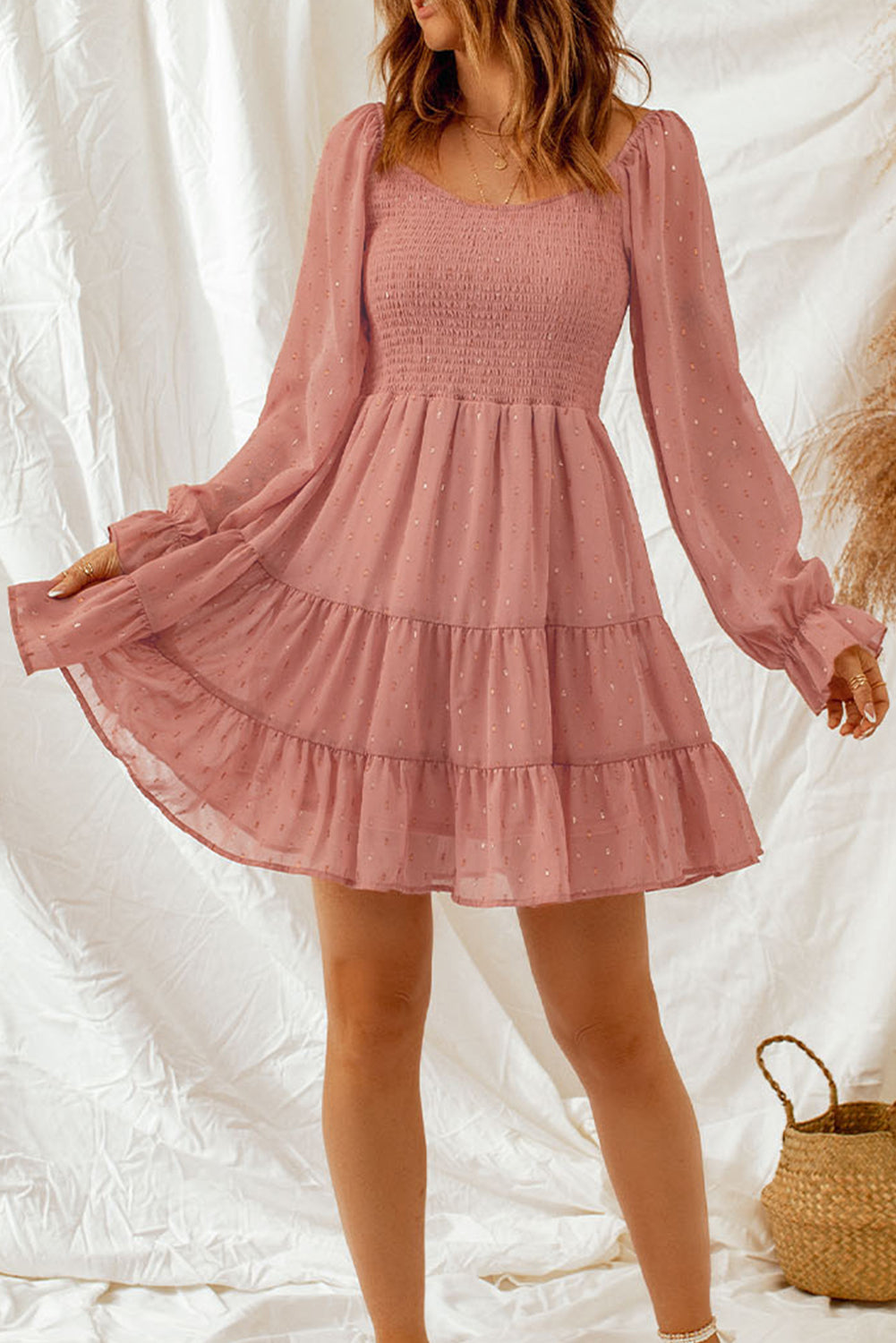 Orange Dotted Smocked Ruffled Long Sleeve Mini Dress