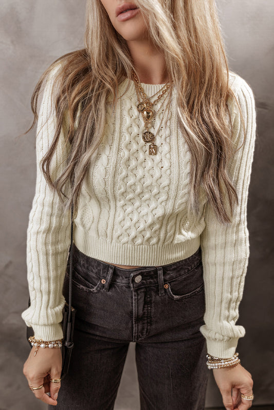 White Cable Knit Cropped Sweater