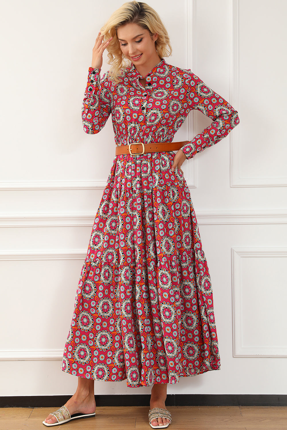 Floral Print Long Sleeve Shirt Bodice Flared Maxi Dress