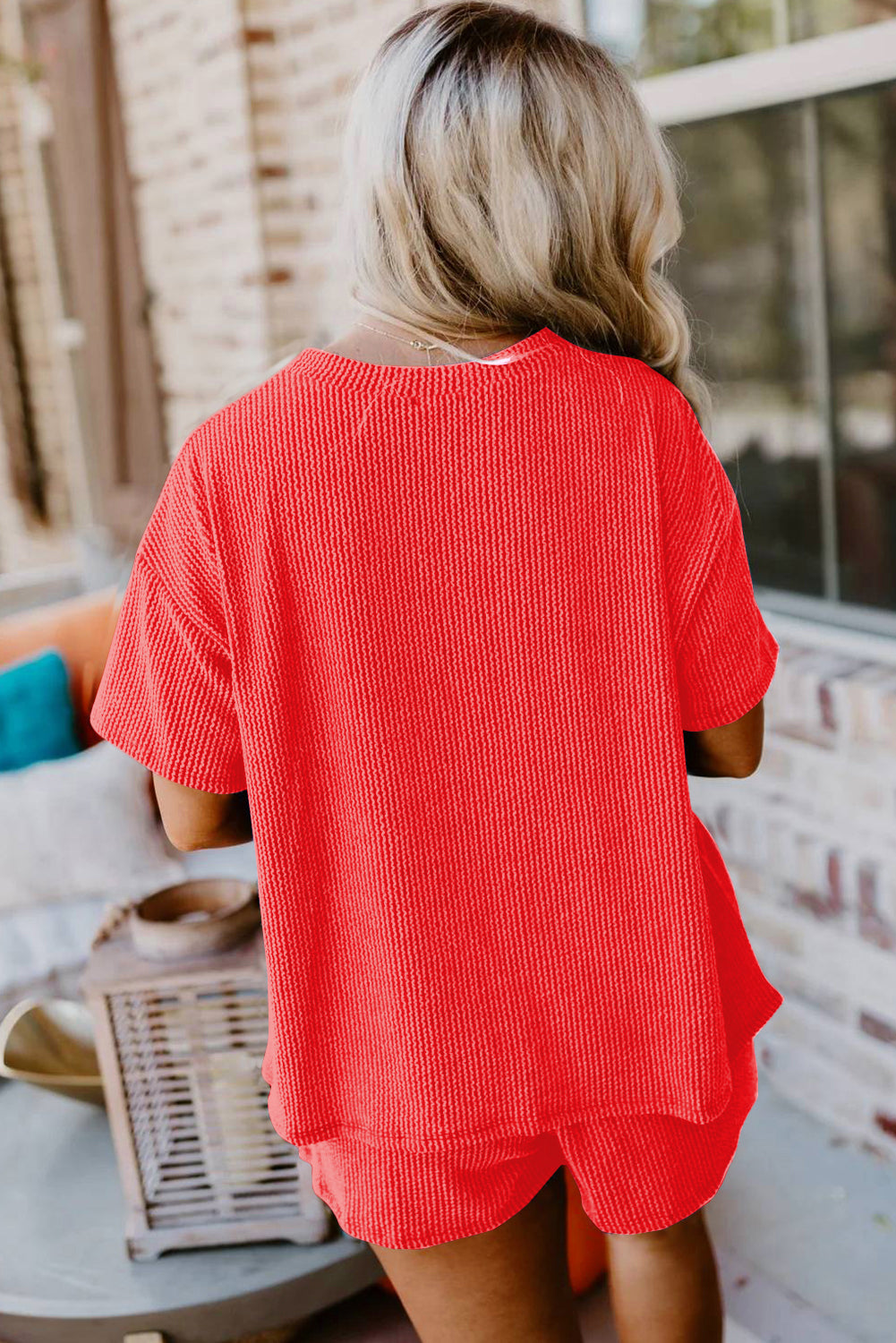 Orange Ribbed Textured Knit Loose Fit Tee and Shorts Set