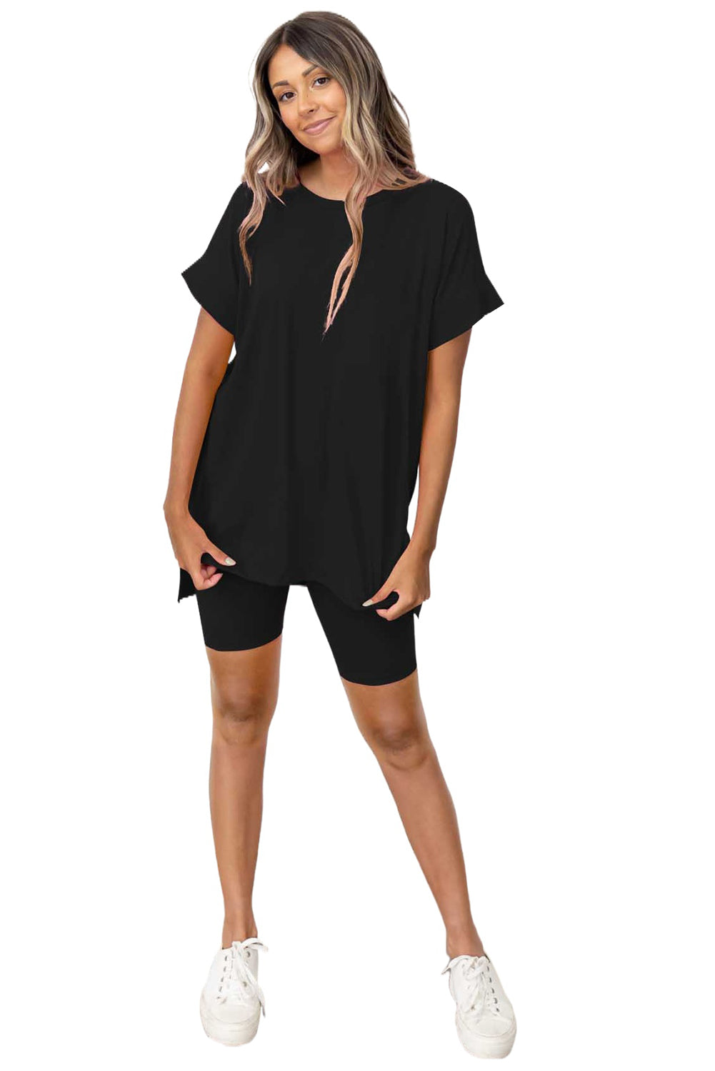 Black Solid Split Hem Tunic Tee and Tight Shorts Set