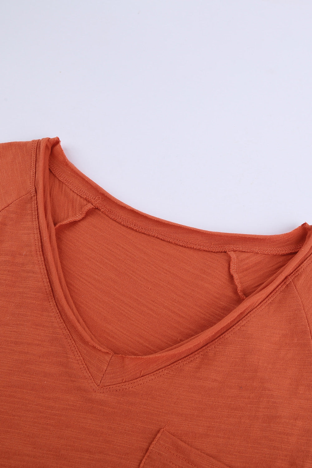 Orange V Neck Short Sleeves Cotton Blend Tee with Front Pocket and Side Slits