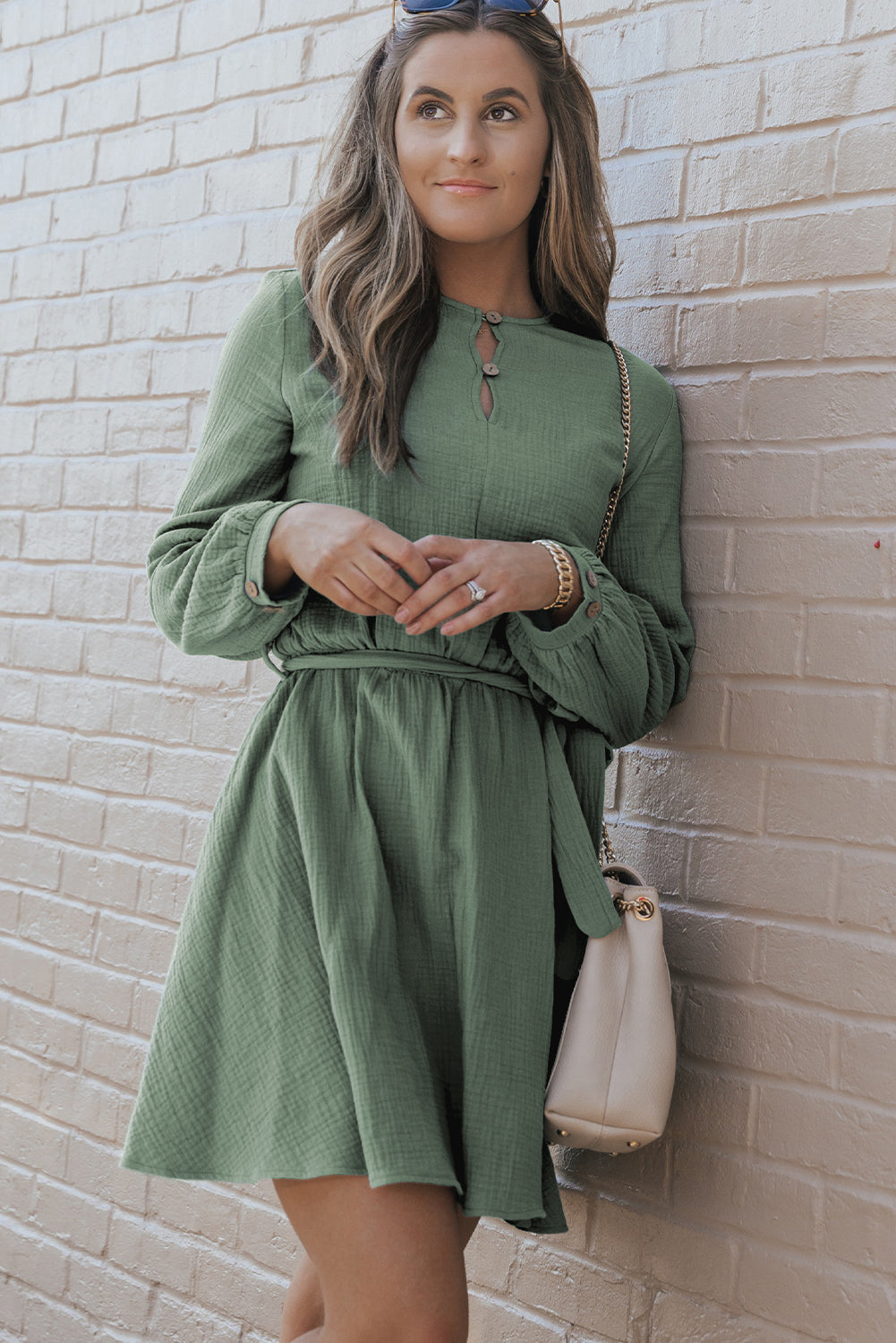 Pickle Green Button Neck Puff Sleeve Belted Pleated Mini Dress