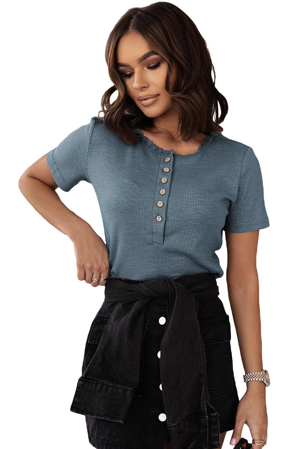 Blue Buttoned Ribbed Knit Short Sleeve Top