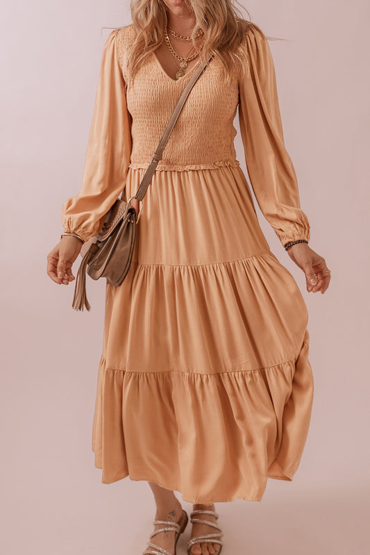 Pale Chestnut Smocked V Neck Long Sleeve Ruffle Dress