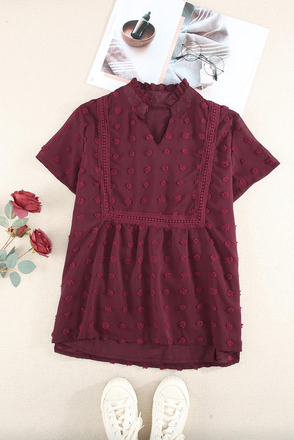 Burgundy Swiss Dot Short Sleeve Flowy Top