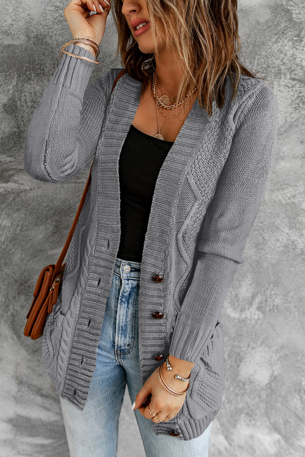 Dark Gray Front Pocket and Buttons Closure Cardigan