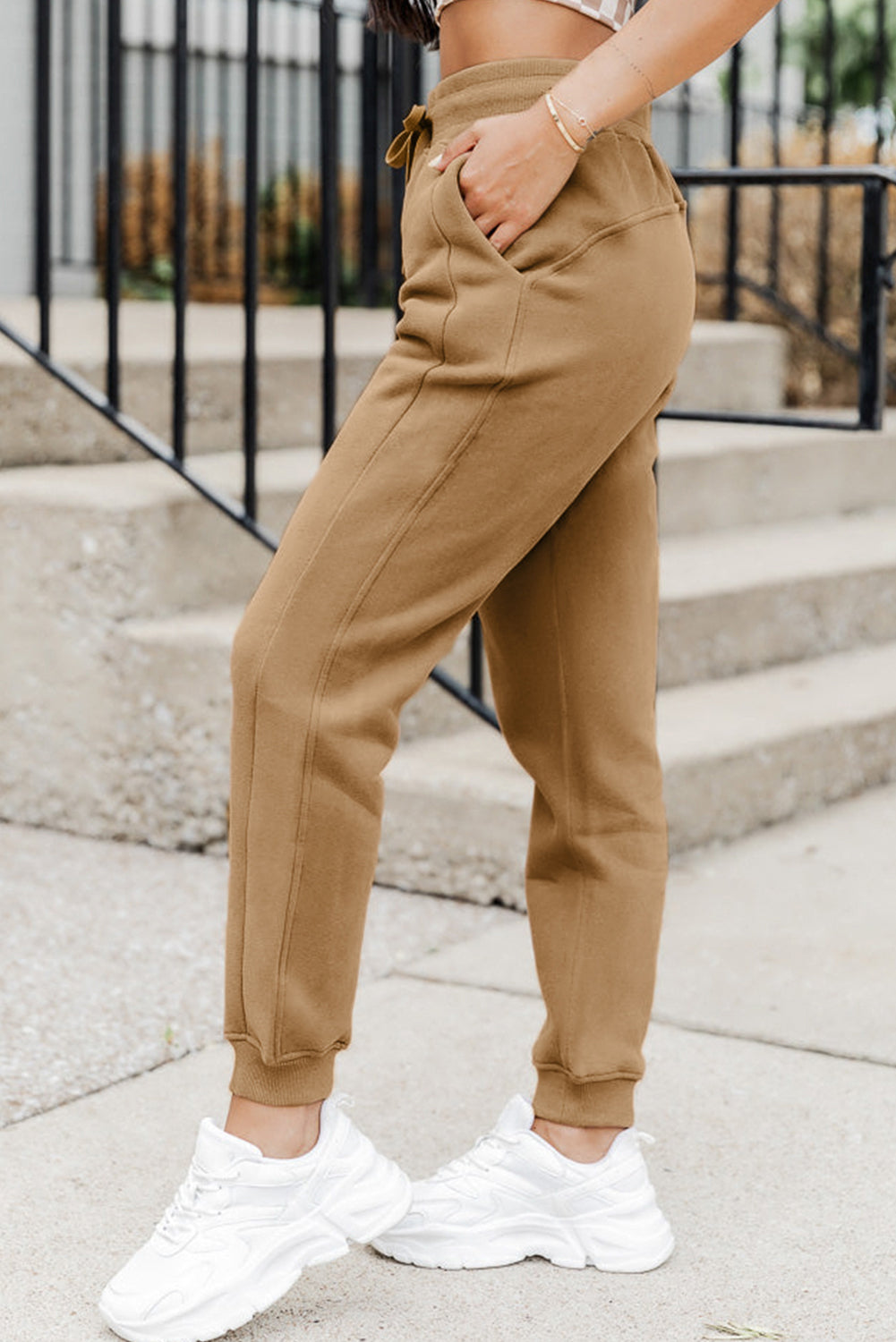 Light French Beige Casual Drawstring Pocketed Sweatpants