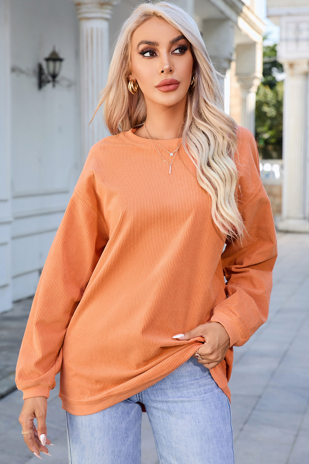 Orange Ribbed Corded Oversized Sweatshirt