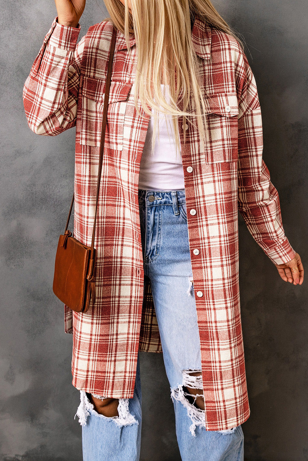 Fiery Red Plaid Print Button Long Shacket