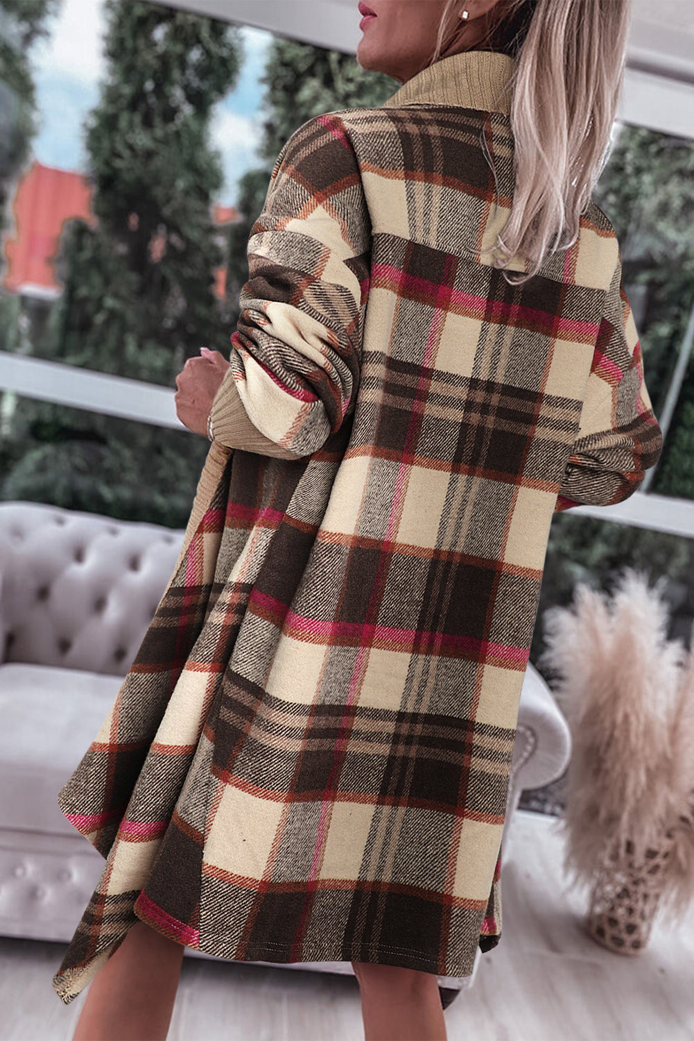 Brown Ribbed Splicing Plaid Open Front Cardigan