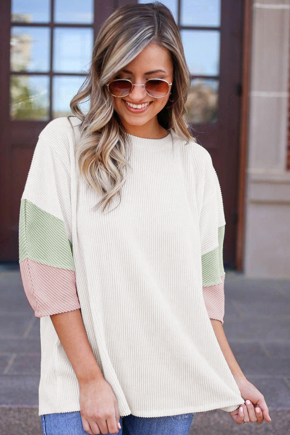 White Color Block Ribbed Knit Quarter Sleeve Top