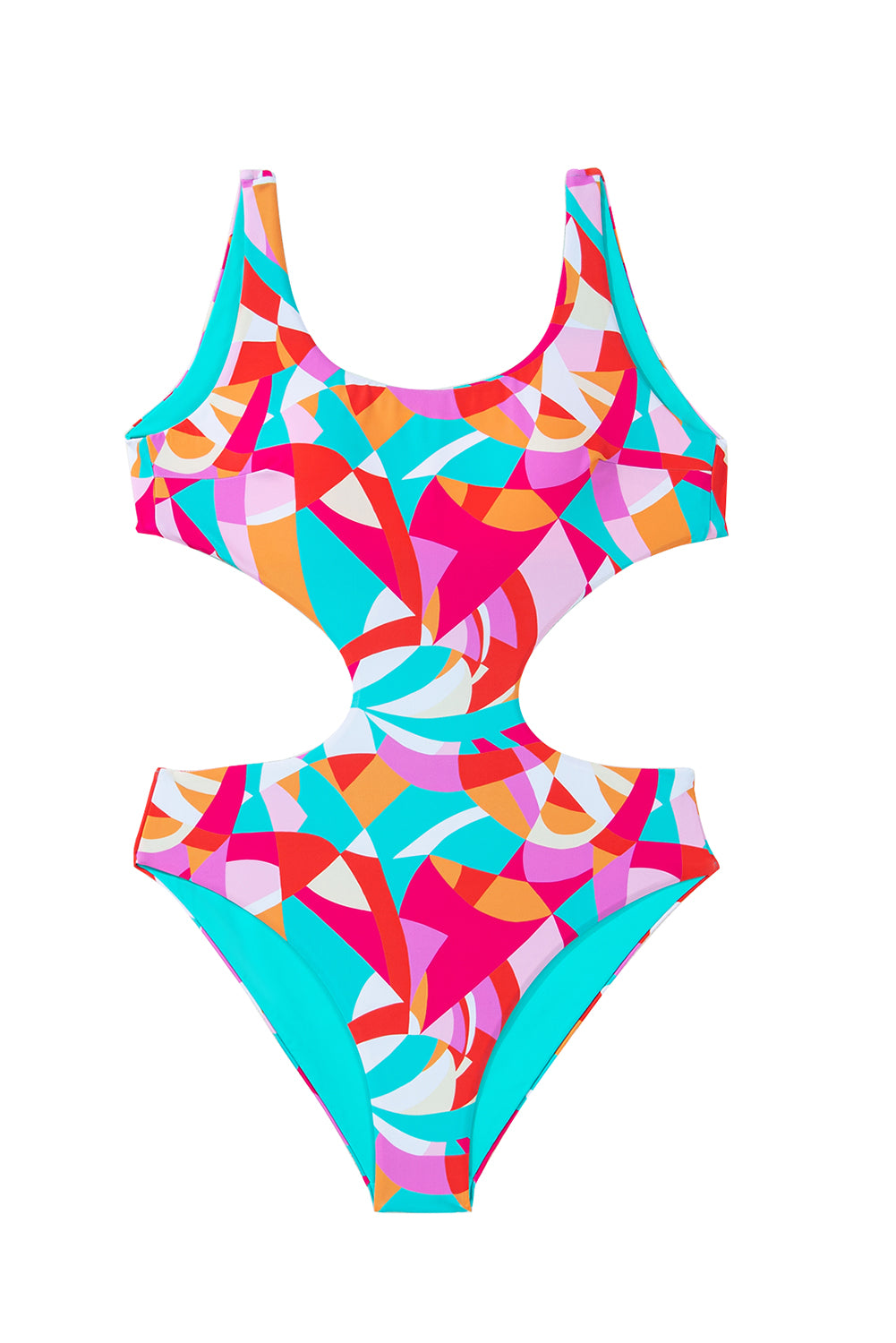 Purple Abstract Geometry Print Daring Cutout Reversible One Piece Swimsuit