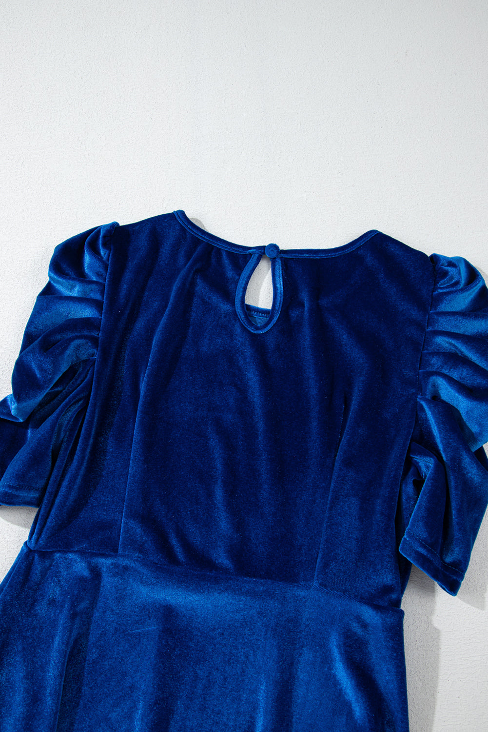 Sail Blue Velvet Ruched Short Sleeve Pocketed Mini Dress