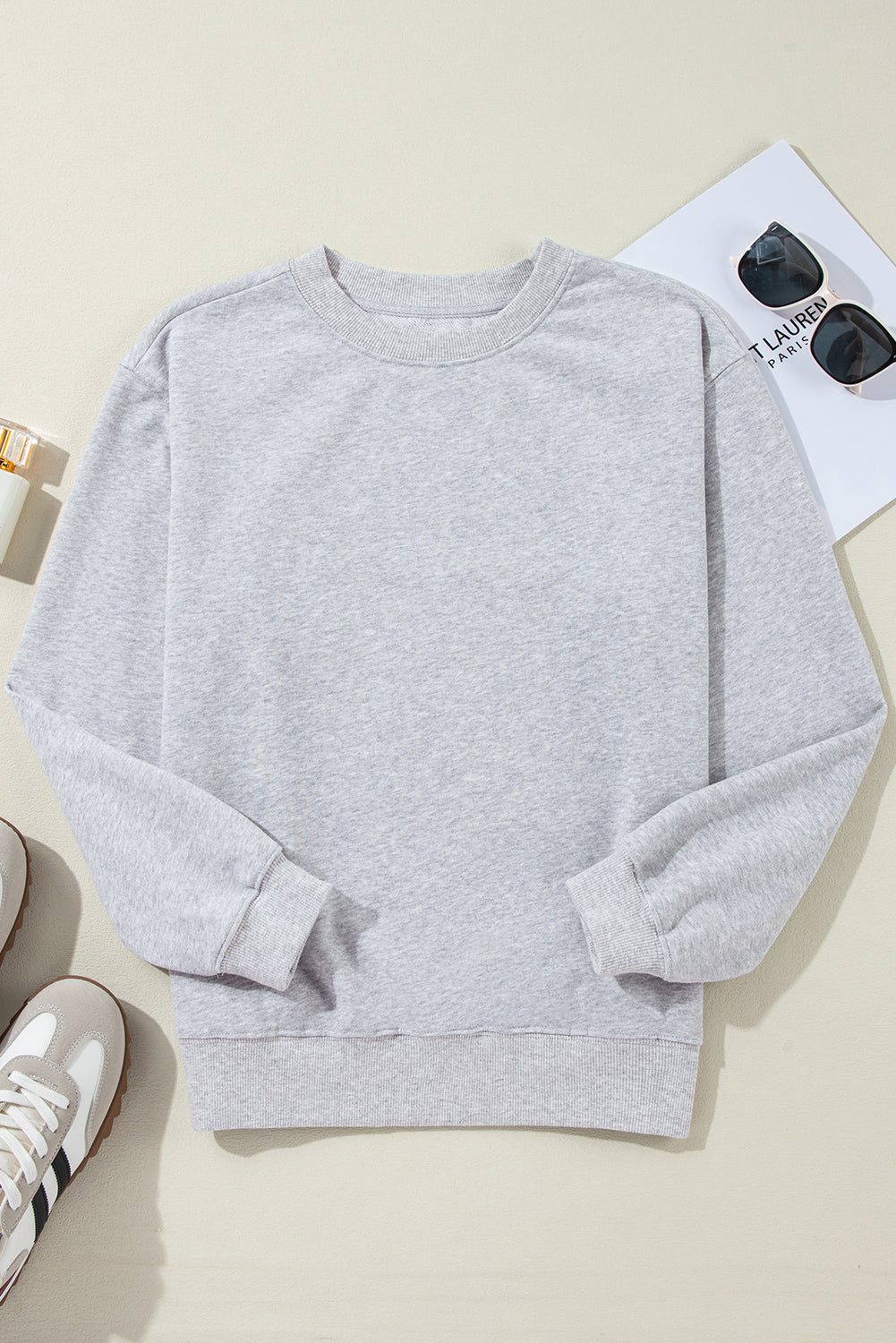 Light Grey Plain Drop Shoulder Crewneck Pullover Sweatshirt